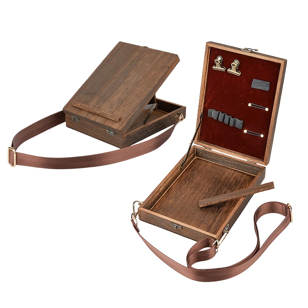 SUPERFINDINGS Writers Messenger Wood Box Tabletop Easel Box Painting Brush Tool Storage Cage Portable Storage Easel Box with Band for Outdoor Painting Drawing Sketching Writing