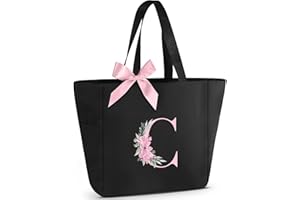 Vavabox Tote Bag, A-Z Initial Monogrammed Waterproof Tote Bag, Bridesmaid Gifts for Women, Black and Pink