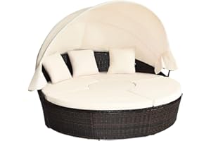 RELAX4LIFE Round Outdoor Daybed with Canopy, Rattan Wicker Sectional Sofa Set w/Cushions, Height Adjustable Table, Conversation Bed Lounger Separated Seating for Outside Pool, Patio Daybed (Off White)