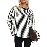 Foidiccx Striped Long Sleeve Shirt Women Y2k Oversized Crewneck Vintage Tops Fall Winter Drop Shoulder Cute Preppy Pullover