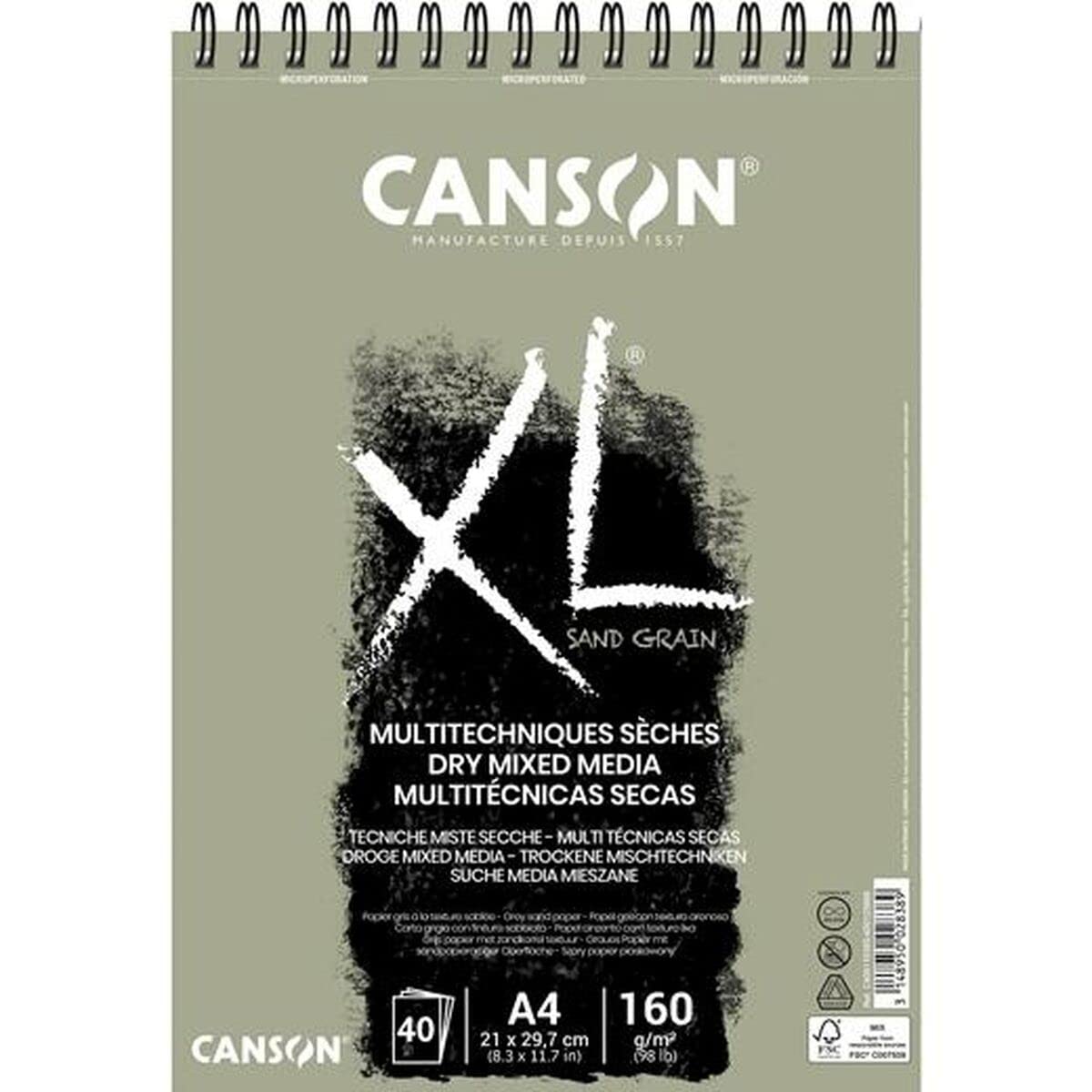 CANSON XL Sand Grain Dry Mixed Media 160gsm A4 Paper, Sand Finish, Spiral Pad Short Side, 40 Grey Sheets, For Professional Artists & Illustrators