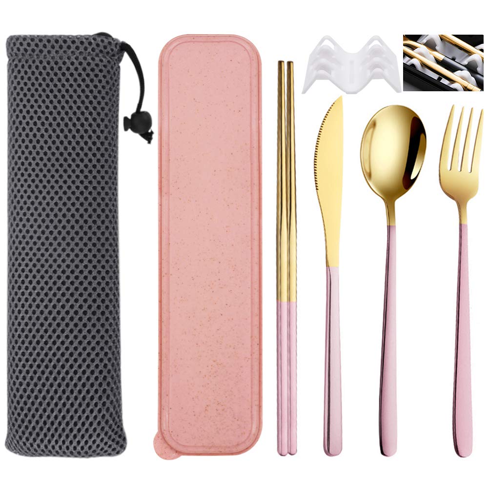 SITAKE 4 Pcs Portable Stainless Steel Flatware Set, Travel Reusable Lunch Utensils with Storage Case and Bag, Knife Fork Spoon Chopsticks Set for Office, School, Travel, Camping, Picnic (Pink-Gold)