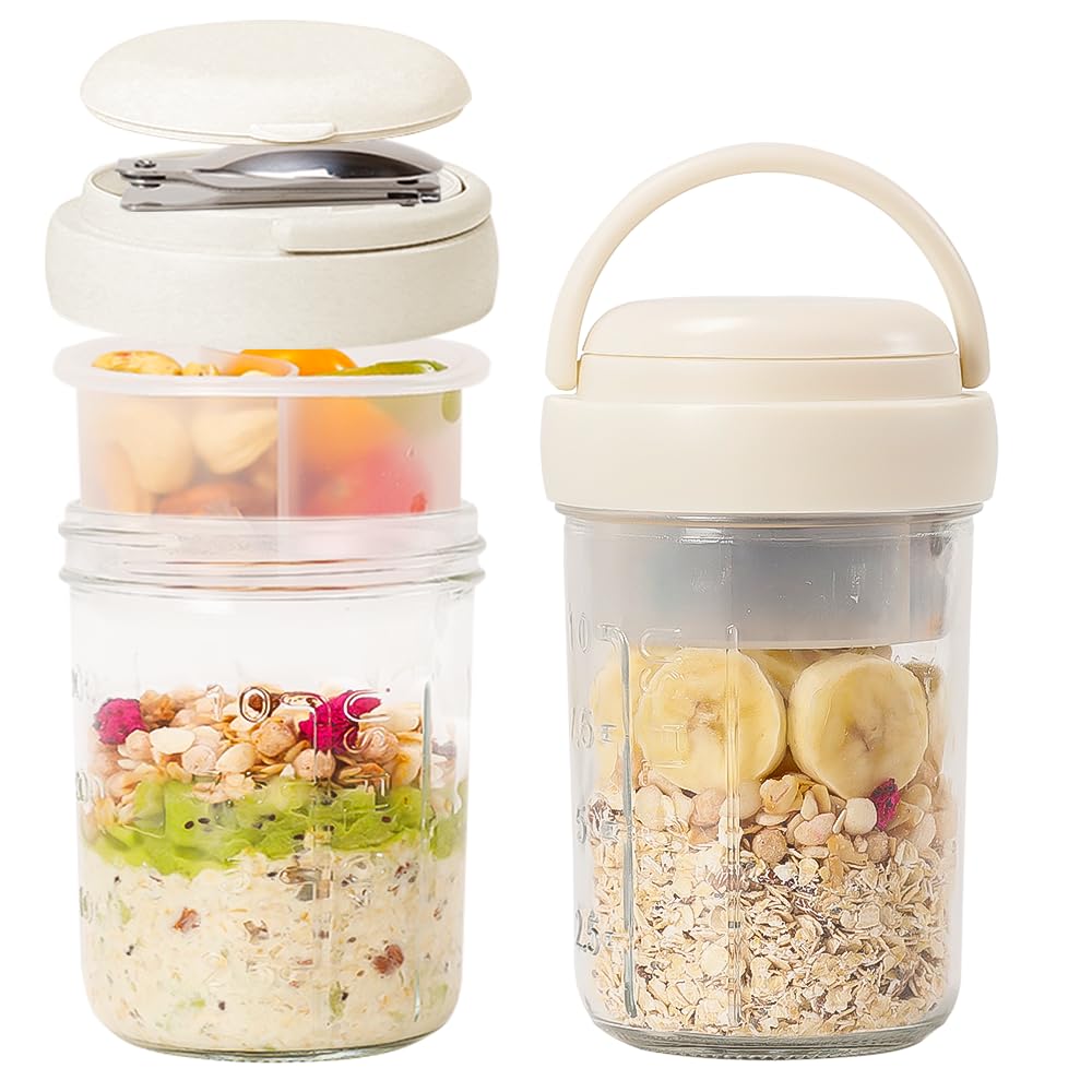 Photo 1 of 2 Pack Overnight Oats Containers with Lids and Handles, Folding Spoons & Divided Compartments for Fruit & Nuts, 16oz Mason Jars for Oatmeal Yogurt Container Chia Pudding Jars with lids (Cream 2pcs)