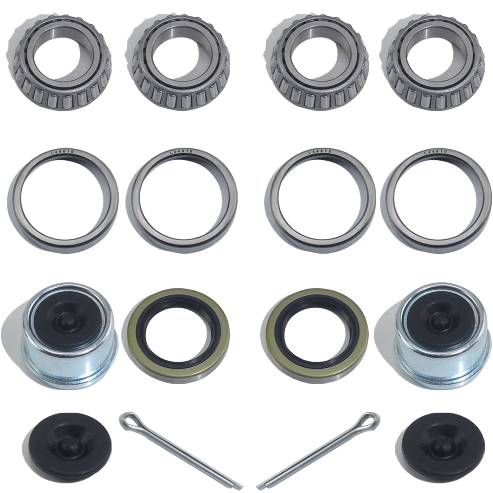 Photo 1 of iBroPrat 2 Sets Boat Trailer Axle L44643 / L44610 Bearing Kits for 1'' 2000-2200LB Axles Trailer Wheel Hub with 12192TB Grease Seals, 1.98" Dust Covers and Rubber Plugs, Cotter Pins