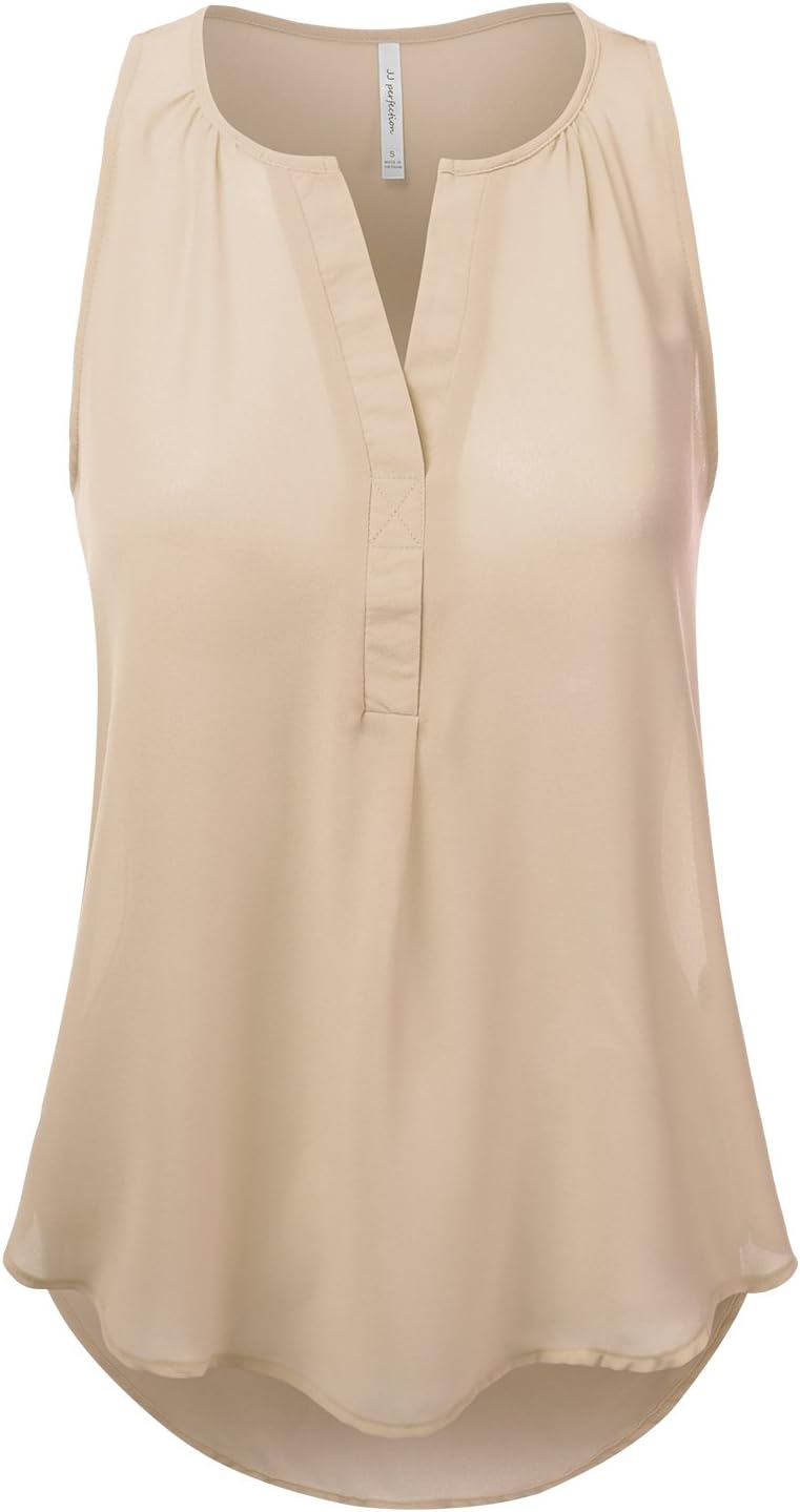 JJ Perfection Women's V-Neck Chiffon Blouse Tank Top Taupe L