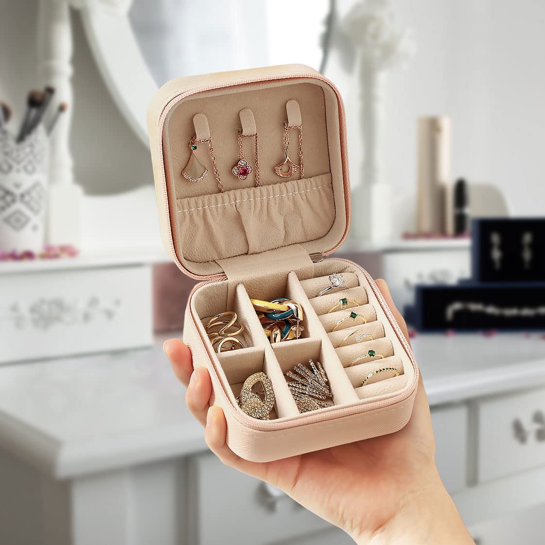 ZPROW ZPROW Travel Jewelry Case, Mini Portable Jewelry Travel Boxes, Small Jewelry Organizer for Rings, Earrings, Pendants, Watches, Necklaces, Lipsticks Organizer Storage Holder Case (Pink)