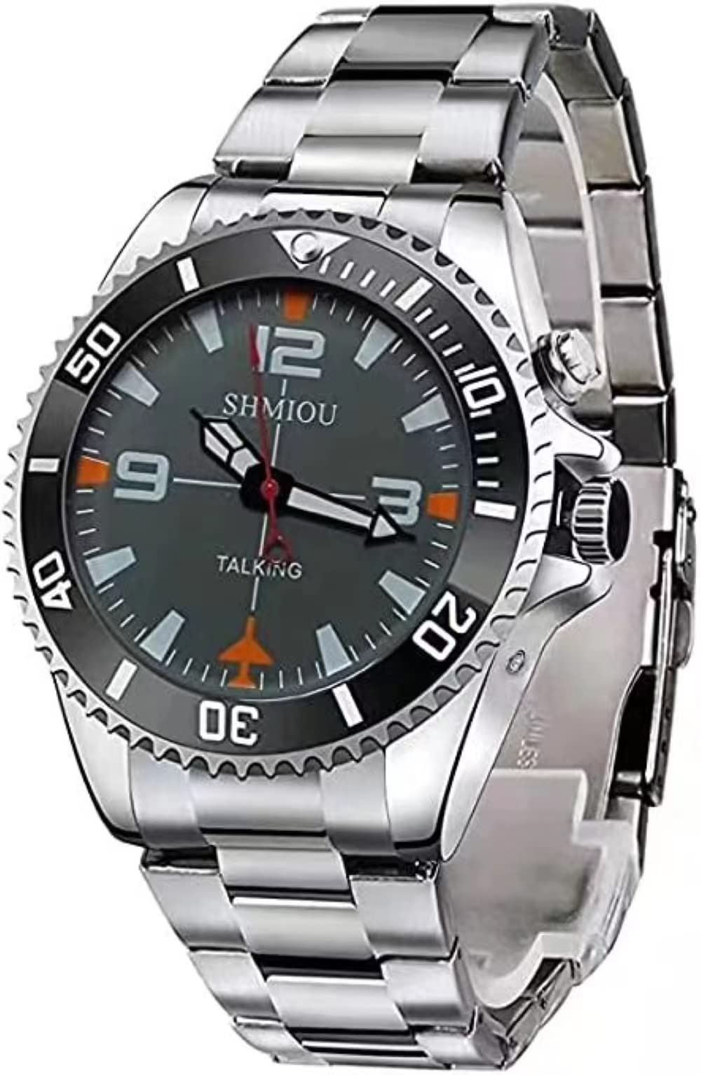 SHMIOU English Talking Watch Unisex for The Blind Visually Impaired Elderly Man Woman Men Ladies Stainless Band Quartz with Alarm, Black Dial, Silver Frame