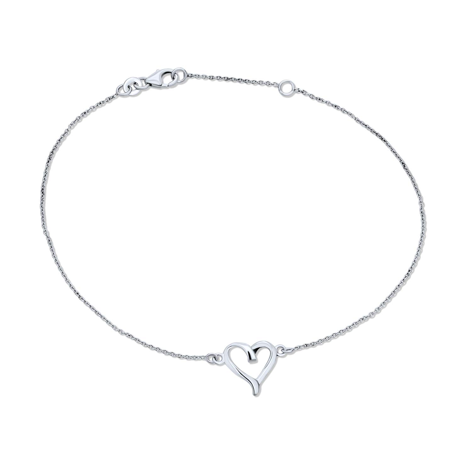 Bling Jewelry Delicate Simple Open Love Heart Anklet Ankle Bracelet For Women .925 Sterling Silver Adjustable 9 To 10 Inch With Extender