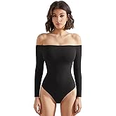 SUUKSESS Women Off the Shoulder Long Sleeve Bodysuit Double Lined Thong Bodysuit