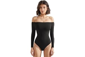 SUUKSESS Women Off the Shoulder Long Sleeve Bodysuit Double Lined Thong Bodysuit