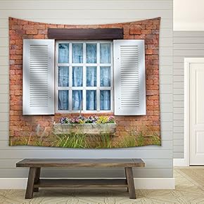 White Window on Red Brick Wall of Vintage House Style - Fabric Wall Tapestry Home Decor - 51x60 inches