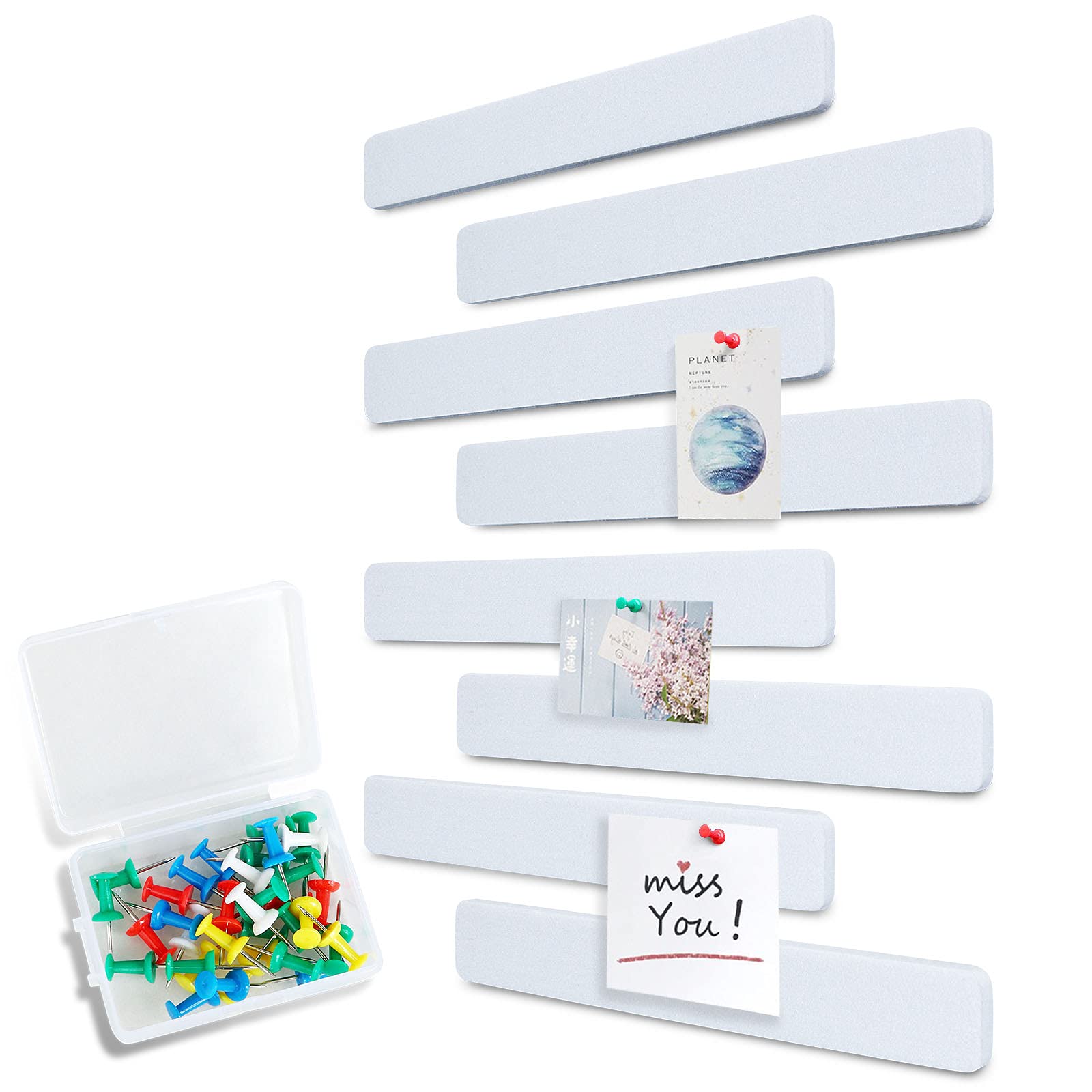 Uoisaiko Felt Pin Board Bar 33cm x 5cm, 8 Pack Cork Board Bulletin Board Strips with 40 Push Pins, Home Office Memo Notice Boards Felt Wall Tiles