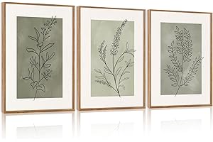 CHDITB Botanical Sage Leaf Framed Canvas Wall Art Set of 3, Minimalist Wall Decor, Boho Nature Floral Greenery Wall Painting,