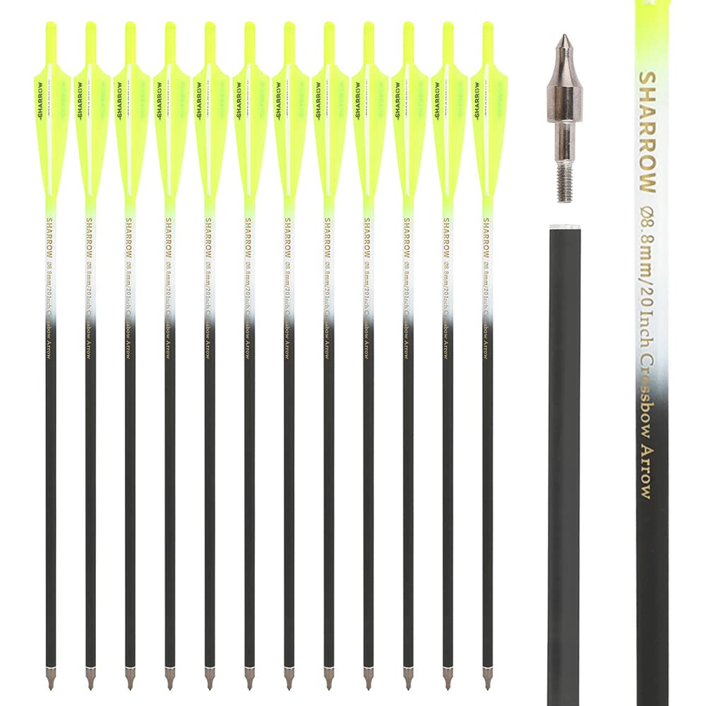SHARROW Archery Carbon Crossbow Bolts Arrows 16 17 18 20 22 Inch Carbon Arrows with 4" Vanes 125 Grains Replaceable Field Point for Crossbow Hunting Shooting (Fluorescent Yellow, 16")