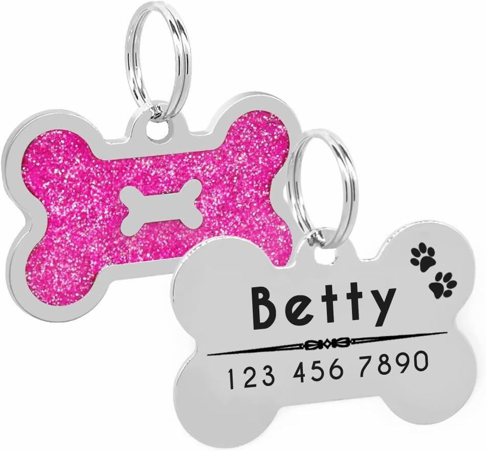 PET ARTIST Engraved Dog Tags Bling Glitter Personalised ID Name Tag for Pets Paw Print Bone Shape