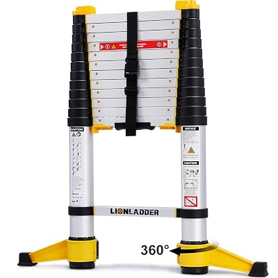 Lionladder 12.5FT EN131-6 Telescoping Ladder, One-Button Retraction, Pro Aluminum Ladder, 330 Lbs Capacity Yellow