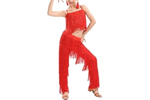 BK FASO Girls 2 Pcs Latin Dance Costume Sets Tassel Camisole Tops Fringe Pants Modern Salsa Ballroom Outfits