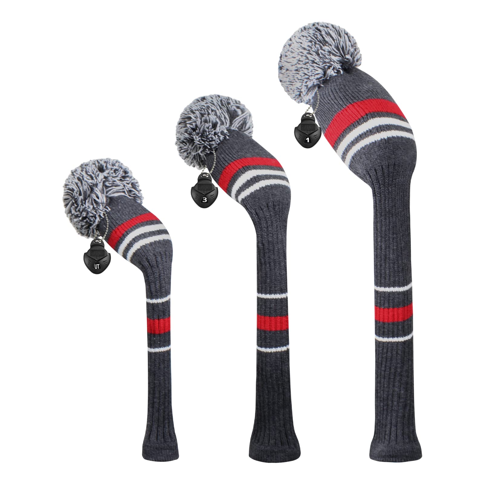 Scott Edward Knitted Golf Club Head Covers for Woods 3Pcs Set Golf Driver (460CC) Fairways and Hybrid/UT with Rotating Number Tags(Grey Warninig)