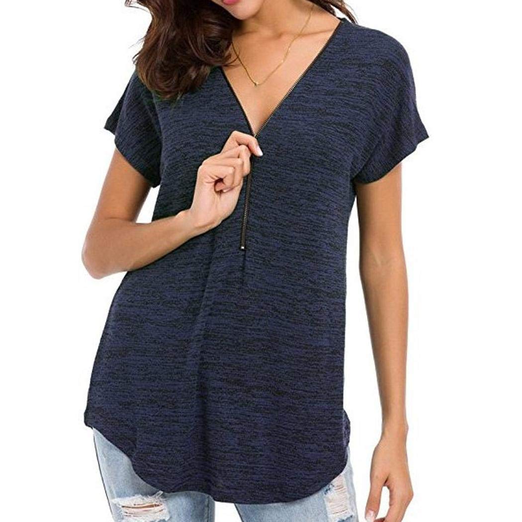 Suidone Womens Loose Fitting Zip Up Deep V Neck Short Sleeve Tops Tunic Casual T Shirts Blouse Blue