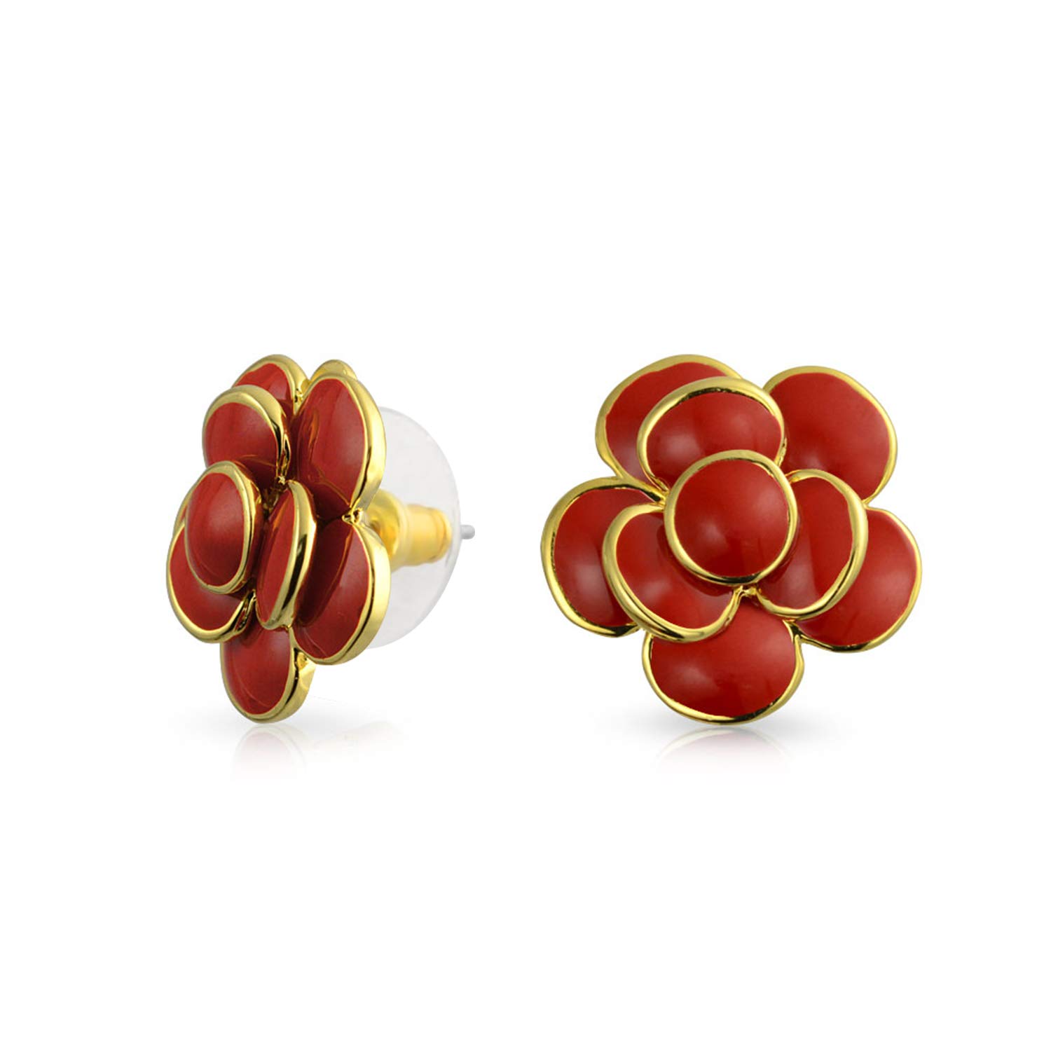 Red Enamel Button Style 3D Rose Flower Spring Retro Stud Earrings For Women Pierced Ears Gold Plated Brass