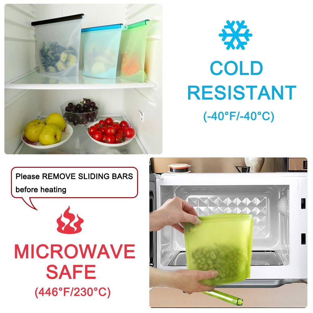 Reusable Silicone Food Bags (2 Large and 4 Medium) - Food Grade/Airtight Seal Silicone Storage Bags for Sandwich, Kids, Lunch, Snacks,Vegetable,Meat - Freezer Dishwasher Safe