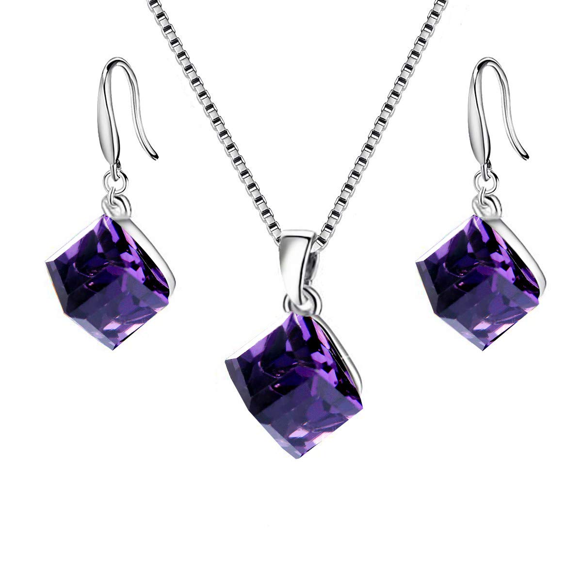 Uloveido Women 925 Sterling Silver Square Cube Authentic Austrian Purple Crystal Pierced Dangle Earrings Pendant Necklace Sets (Box Packing) Y418-Purple-Set