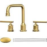 WOWOW Brushed Gold Bathroom Faucet Widespread Bathroom Sink Faucet 2 Handle Lavatory Tap 3 Holes with Drain and Supply Hoses Mordern Basin Taps