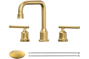 WOWOW Brushed Gold Bathroom Faucet Widespread Bathroom Sink Faucet 2 Handle Lavatory Tap 3 Holes with Drain and Supply Hoses Mordern Basin Taps