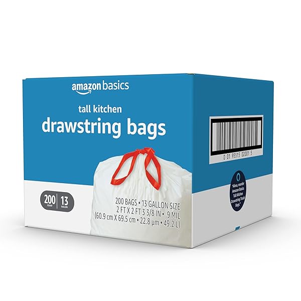 AMAZON BASICS TALL KITCHEN DRAWSTRING TRASH BAGS, STURDY, 13 GALLON, UNSCENTED, 200 COUNT