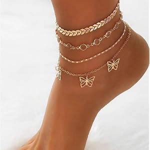 4Pcs Double Layered Anklet, Gold Bow Charm Delicate Chain Fashion Ankle Bracelet for Women Daily & Special Occasions