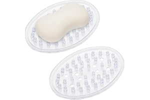 SANKOLY 2 Pieces Plastic Soap Dish Clear Bar Holder Tray Self Draining Soap Saver with Holes Soap Container for Bathroom Counter, Kitchen