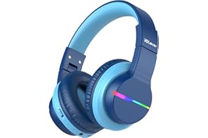 iClever BTH12 Kids Bluetooth Headphones,Colorful LED Lights Kids Headphones Wireless,74/85dBA Safe Volume,85H Playtime,Fast Charging,Bluetooth 5.2,Over Ear,Built-in Mic for iPad/Tablet/Airplane,Blue