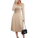 Dokotoo Women's Casual Long Sleeve Dresses Fashion Fall Lace Crewneck Elegant Solid Formal Midi Dress