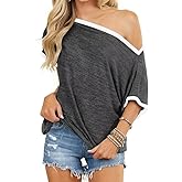 LEEDYA Off The Shoulder Tops for Women Summer Sexy Short Sleeve Color Block T-Shirts Casual Oversized Batwing Tunic Top