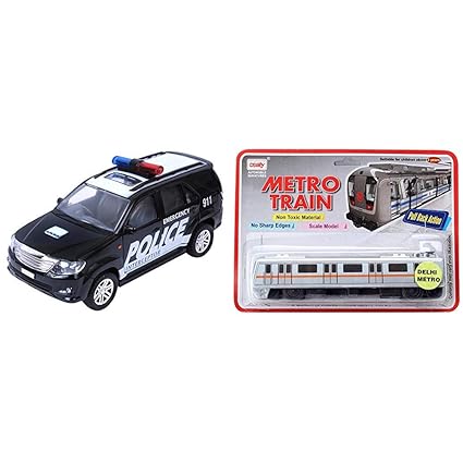 Centy Toys Police Interceptor Fortune Pull Back Toy, Black & Metro Train, Silver Combo
