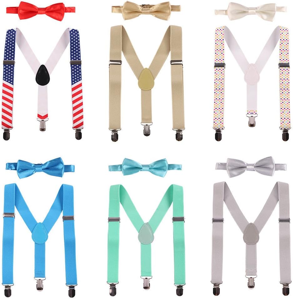 YanLen Pack of 6 Unisex Boys Girls Adjustable Clip On Y Back Suspender Bow Ties Sets