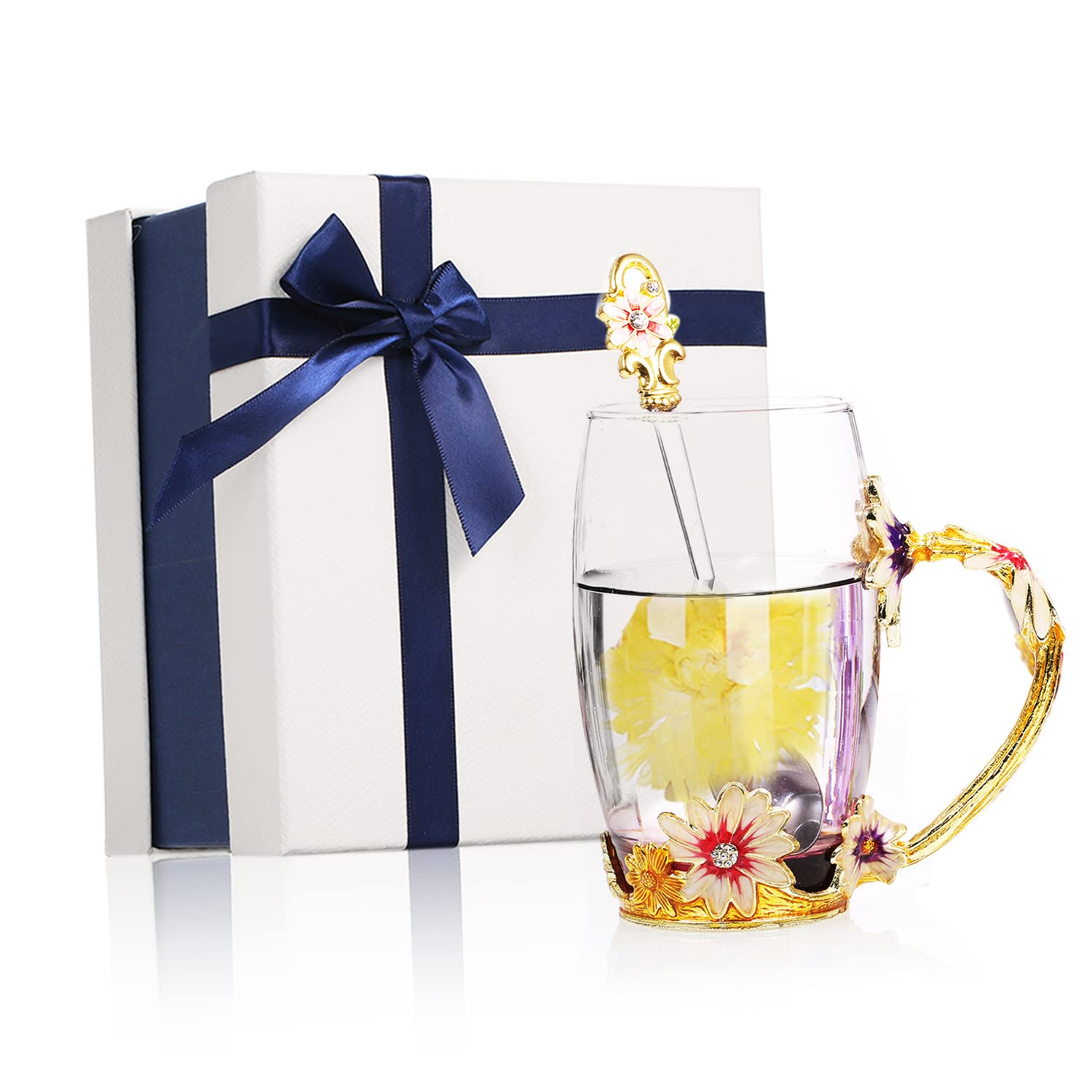 350ML Enamel Flower Glass Mug Diglife Flower Tea Cup Birthday Gifts for Women Her Mum Teacher Friends Coffee Mug Personalised Gifts