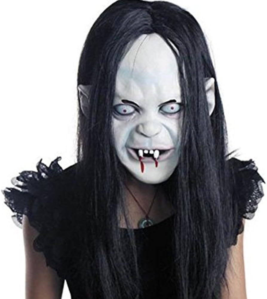 Eden Fghk Halloween Horror Grimace Ghost Mask Scary Zombie Emulsion Skin with Woman Black Hair Witch Horror mask Novelty Halloween Costume Party (Silent)