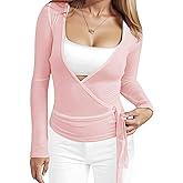 LIWEIKE Women's Wrap Top Long Sleeve Cross Wrap Tie Ballet Tops Deep V Neck Solid Slim Fit Pilates Yoga Workout T Shirts