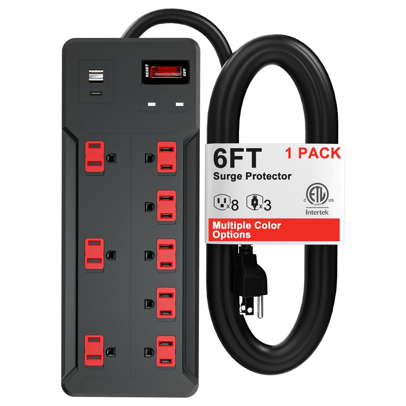 ETL Listed Power Strip Surge Protector, 8 Outlets