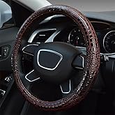 Follicomfy Crocodile Grain Leather Four Seasons Universal Car Steering Wheel Cover Sport Cute Handle Case for Men Auto Interior Accessories, Brown