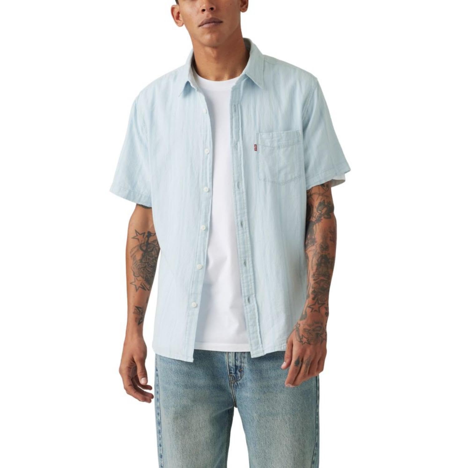 Levi's Men's Classic 1 Pocket Short Sleeve Button Up Shirt (Also Available in Big), Eddie Stripe Niagara Mist Cotton Linen Image Levi's Men's Classic 1 Pocket Short Sleeve Button Up Shirt (Also Available in Big), Eddie Stripe Niagara Mist Cotton Linen Image