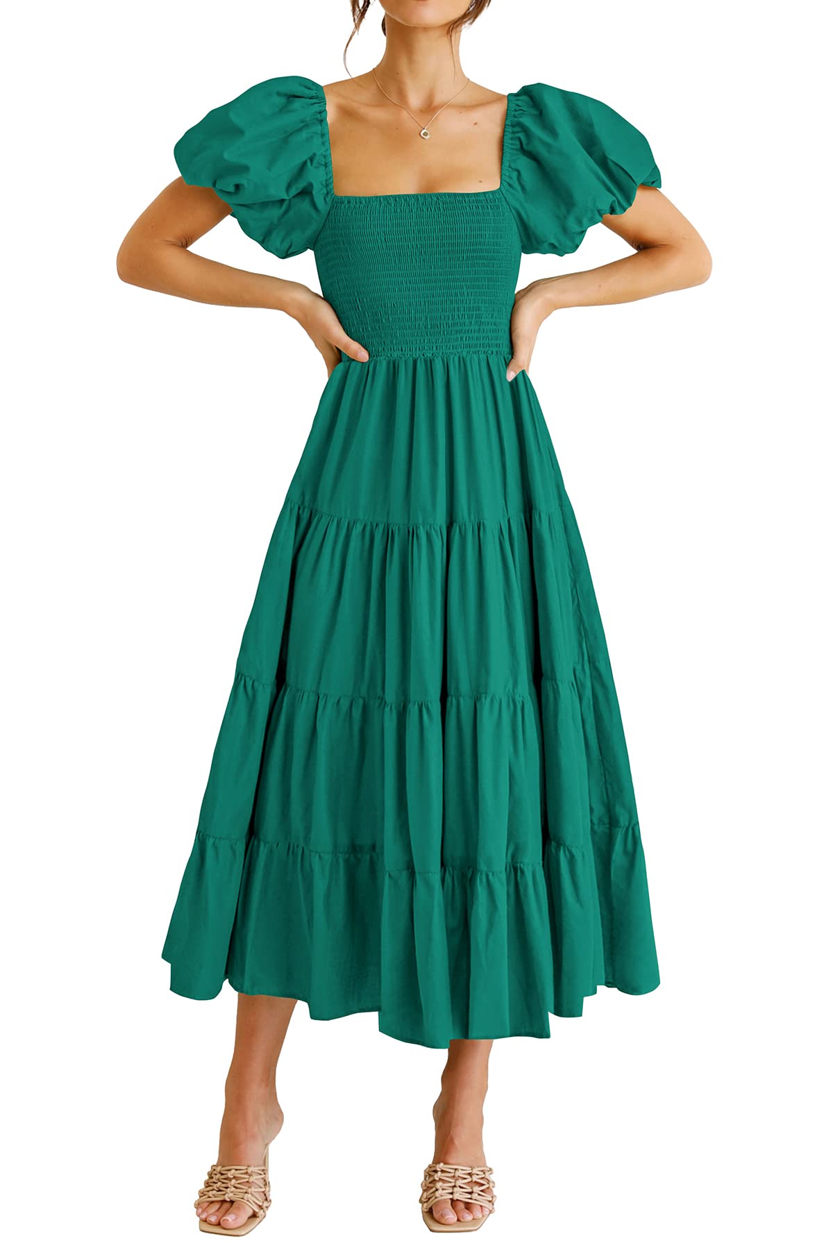 Photo 1 of PRETTYGARDEN Women's Casual Summer Midi Dress Puffy Short Sleeve Square Neck Smocked Tiered Ruffle Dresses (Dark Green,Large)