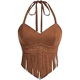 WDIRARA Women's Asymmetrical Fringe Hem Tie Backless Halter Vest Slim Fit Suede Vintage Crop Tank Tops