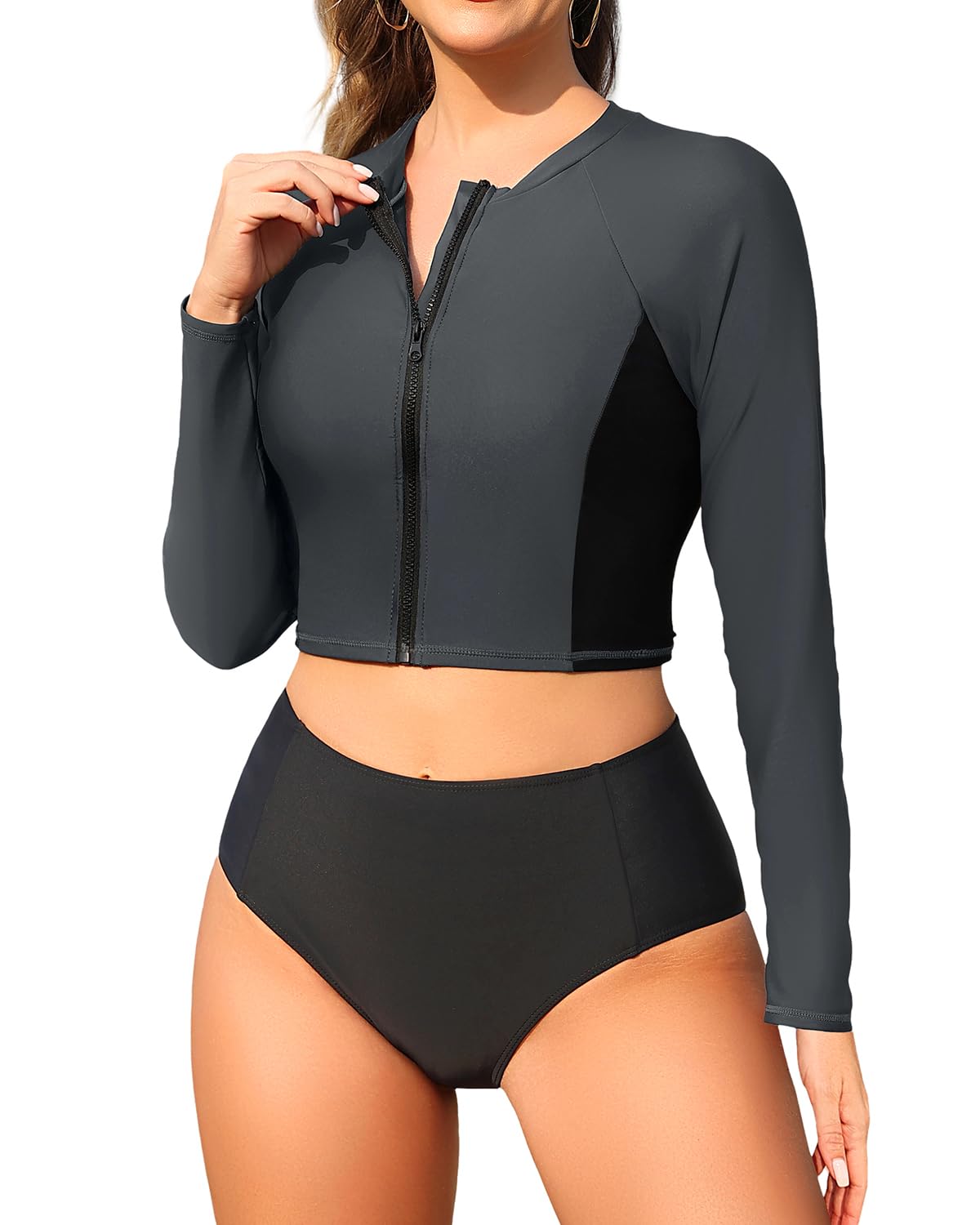 Photo 1 of Pinup Fashion Rash Guard Women 2 Piece Long Sleeve Bathing Suit Zipper Grey Black UPF 50+ Swim Top Bulit in Bra M