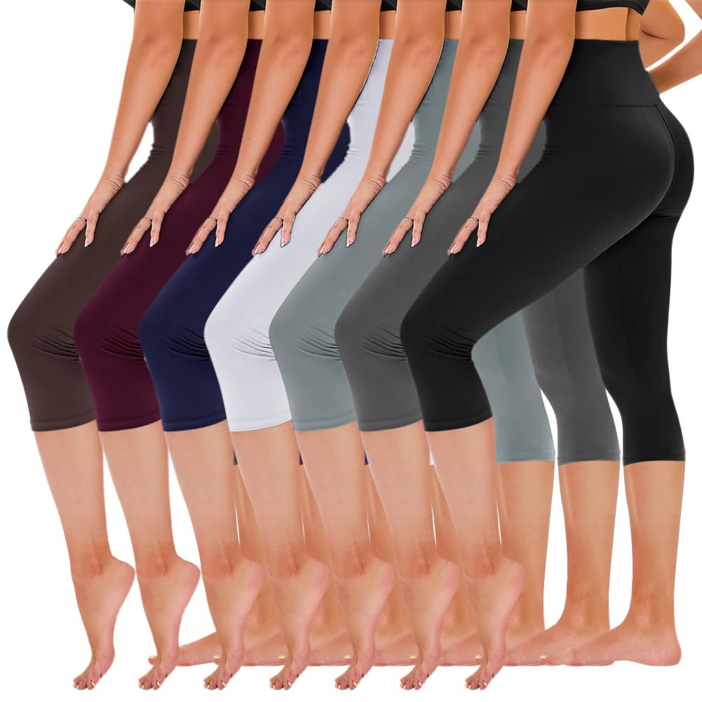 TNNZEET 7 Pack Capri Leggings for Women - High Waisted Tummy Control Yoga Pants for Workout Gym Black Grey Light Grey White Navy Blue Purple Brown Image