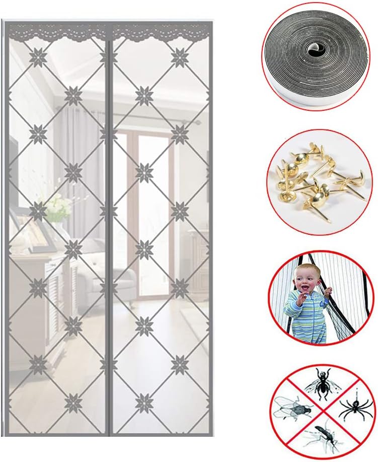 Magnetic Screen Door,mesh Curtain with Full Frame Magic Hook & Loop &thumbtacks,Many Sizes and Colors to Fit Your Door Exactly Gray 220x90cm(87x35inch)
