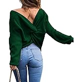 Sexyshine Women's Casual V Neck Criss Cross Backless Long Batwing Sleeve Loose Knitted Sweater Pullovers