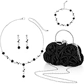 Hicarer 5 Pcs Women Rose Clutch Purse Rose Jewelry Set Evening Handbag Gold Necklace Earring Bracelet for Valentines Gifts