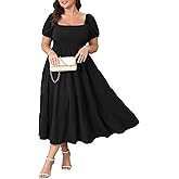 SHESTARR Womens Plus Size Casual Dress Short Puff Sleeve Square Neck Smocked Tiered Summer A Line Flowy Long Maxi Dresses